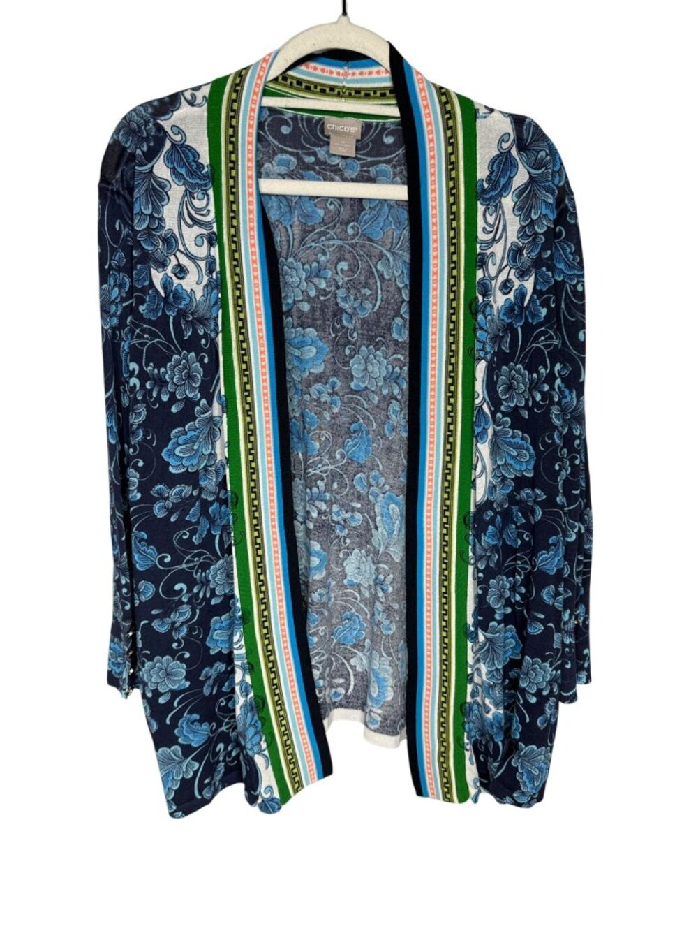 Chico’s Size 4 XXL Blue Floral Border Print Cardigan Open Front Boho